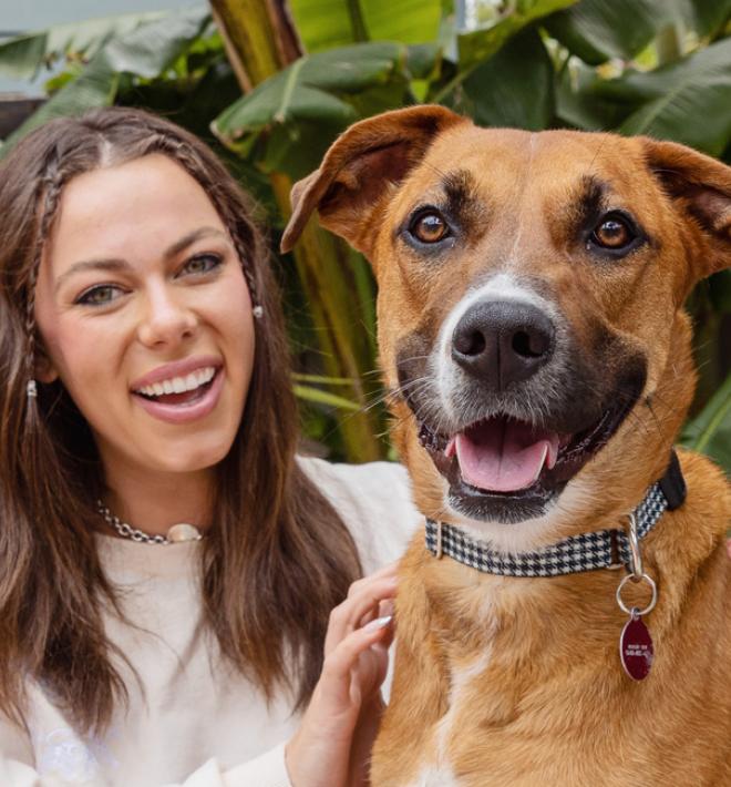 Smiling brown dog being hugged by happy woman