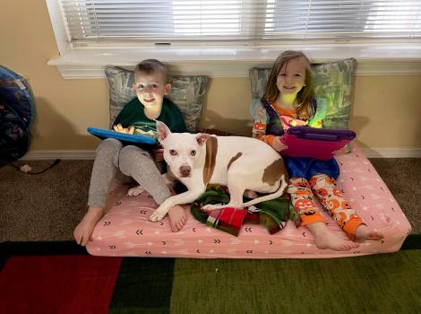Annie the dog on a large cushion with two children who are smiling and holding tablets