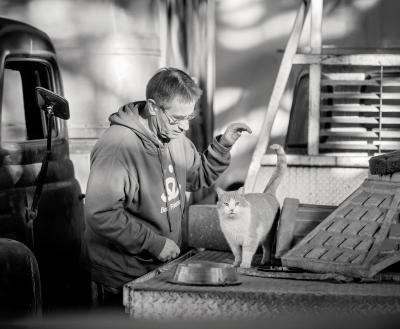 Person caring for a cat outdoors