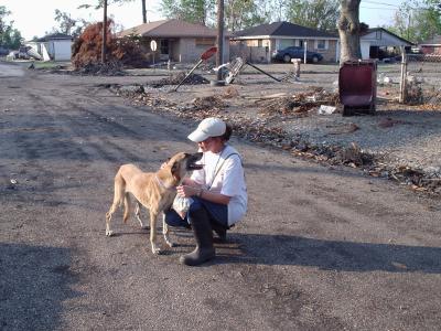 Person kneeling down in a road with a dog surrounded by debris following the Hurricane Katrina flooding
