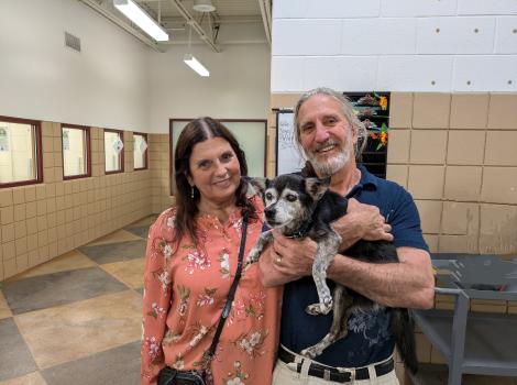 Andy the dog being adopted by two people