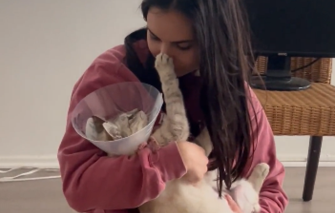 Jamie holding Princess the cat whose paw is reaching up to touch her face